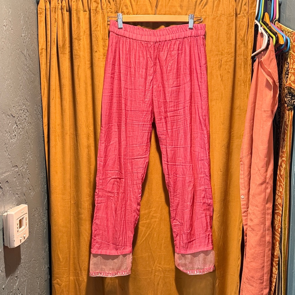 Pink 2000s silk shantung Elastic Waist Capri Pants with Sheer embroidered Hem